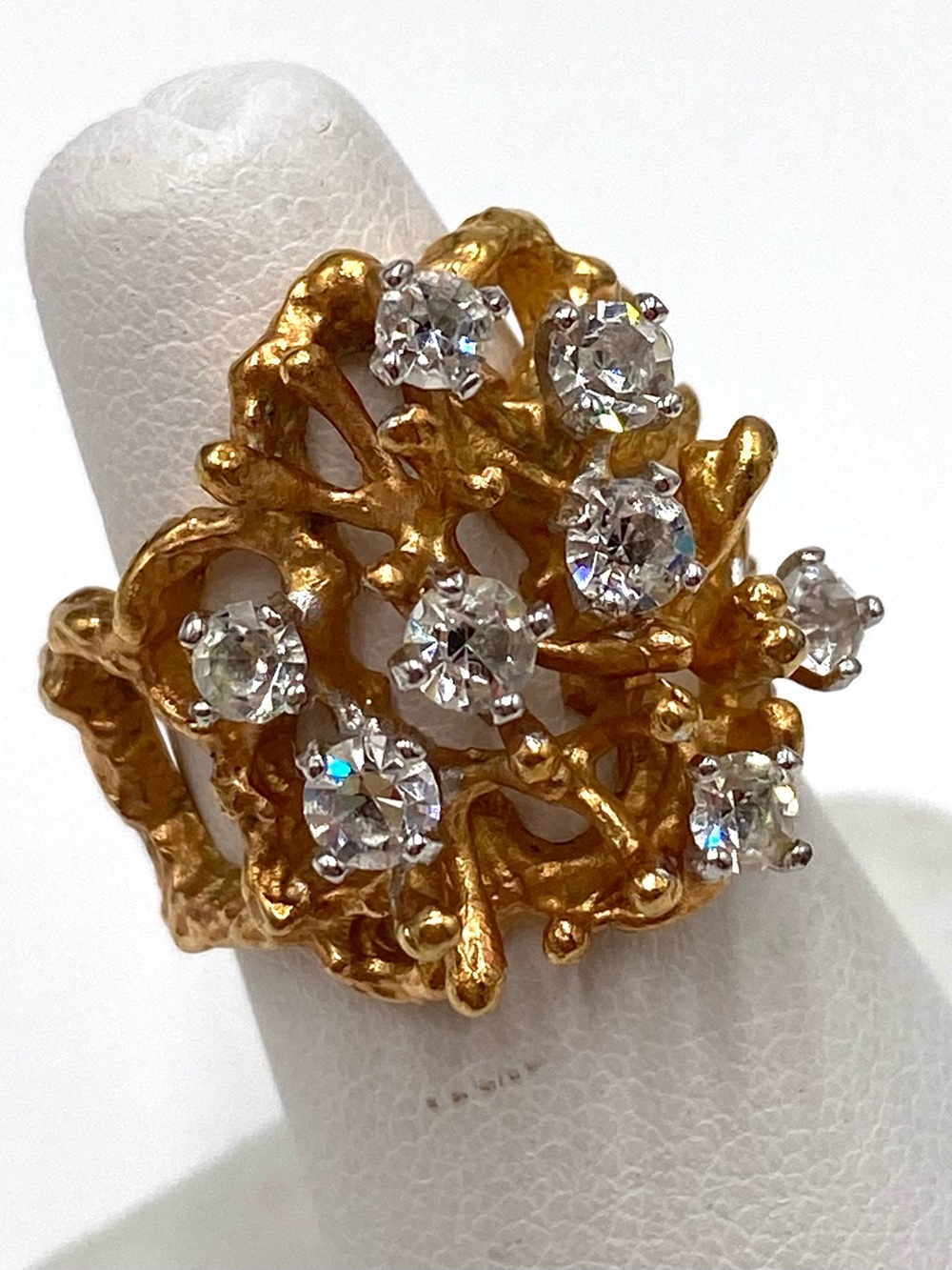 Vintage Ring 18K HGE Brutalist Open Work Clear Rhinestones Size 4.75